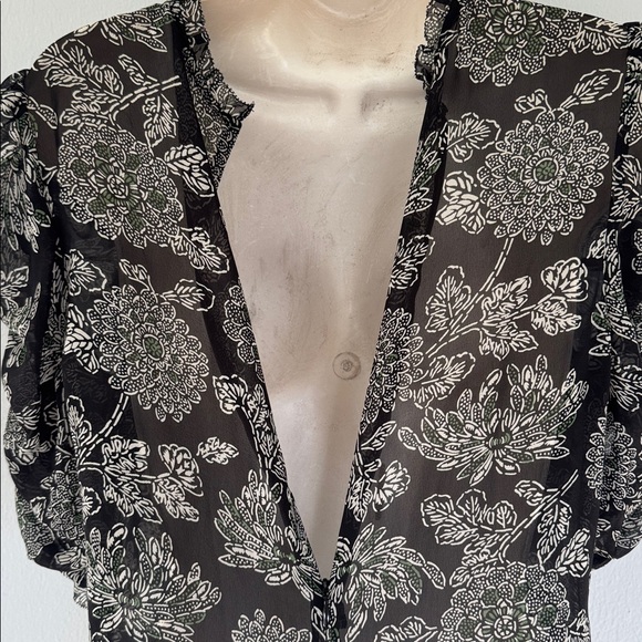 Veronica Beard Natuka black green sheer floral print ruffle trim blouse size 4 - Picture 11 of 16
